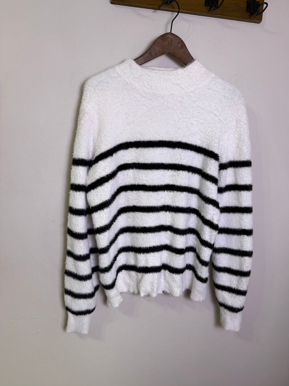 Bailey 44 Sundry Stripes Mock Neck Cozy Sweater White Black Fuzzy Soft M